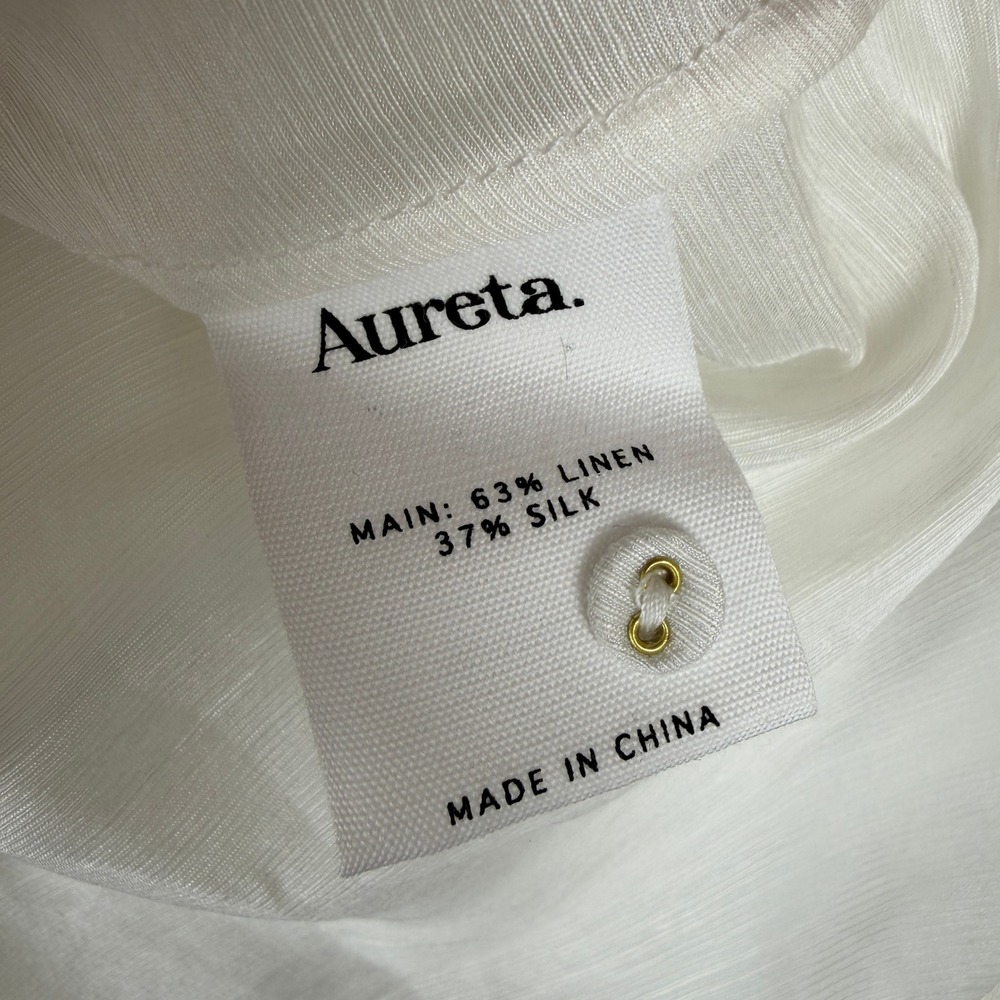 Aureta Linen Silk Puff Sleeve Blouse Women Medium Ivory Statement Button Down - Picture 6 of 10